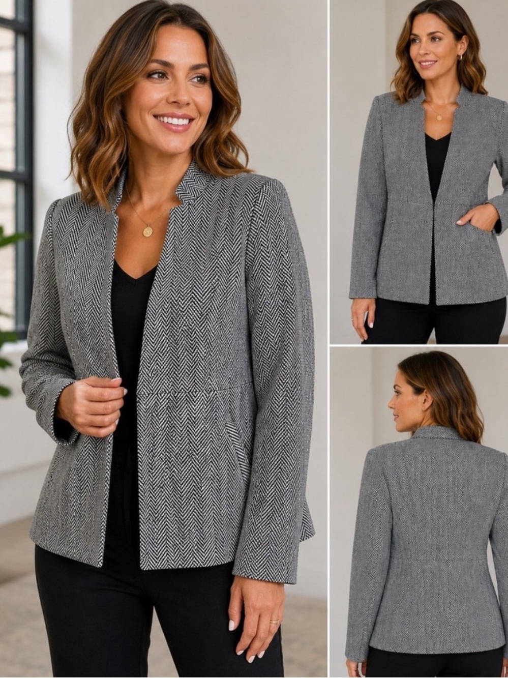 NWT Mina Self Black & White Herringbone Collarless Blazer
